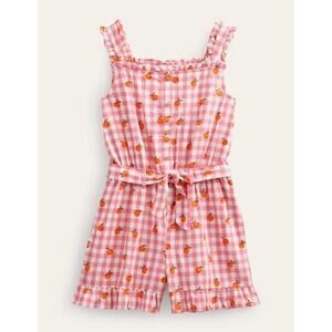NWT Boden Linen-Cotton Ruffle Romper in Azelea and Ivory Gingham Size 11-12Y